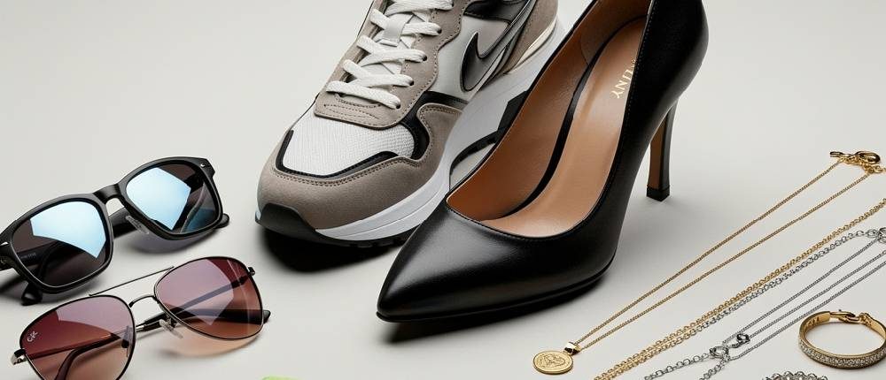 Sneakers, heels and sunglasses laid out